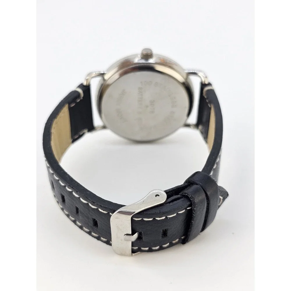 Men Easy Read Analog Watch 41MM White Dial Black Faux Leather Bands New Battery